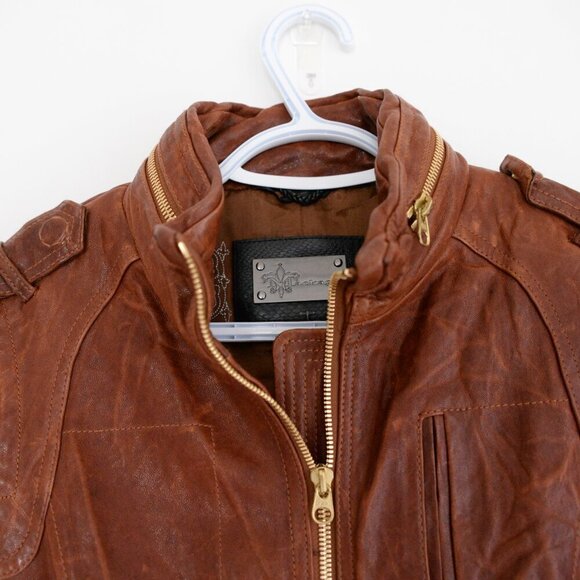 Mackage Brown 100% Leather Designer Zip Up Flap Pocket Hood Biker Jacket XXS - Picture 8 of 16